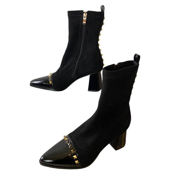 Azura Black Suede Ankle Boots With Gold Studs & Patent Toe Size 37 - Picture 3 of 12